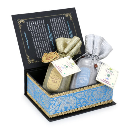 SET OF WHITE & GOLD TEA ASSORTMENT OF 2 PREMIUM TEA IN LUXURY CRAFTED DECORATIVE GIFT BOX WITH AN AUTHENTIC INDIAN TOUCH 50G EACH